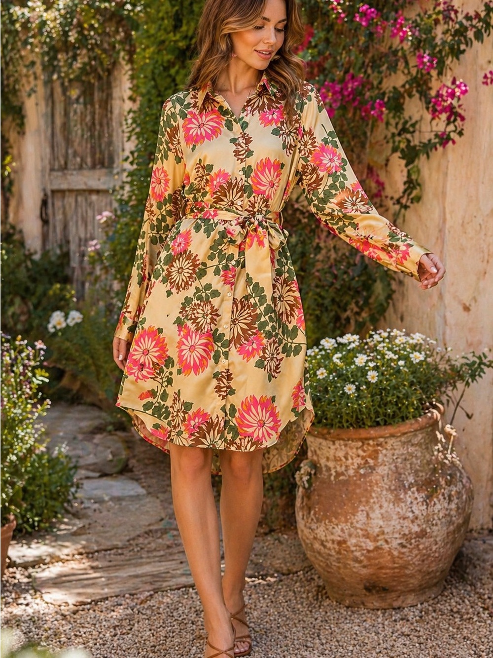 Flora Bea NYC Floral Button Front Shirt Dress Tie Waist Boho Cottagecore NWT XL